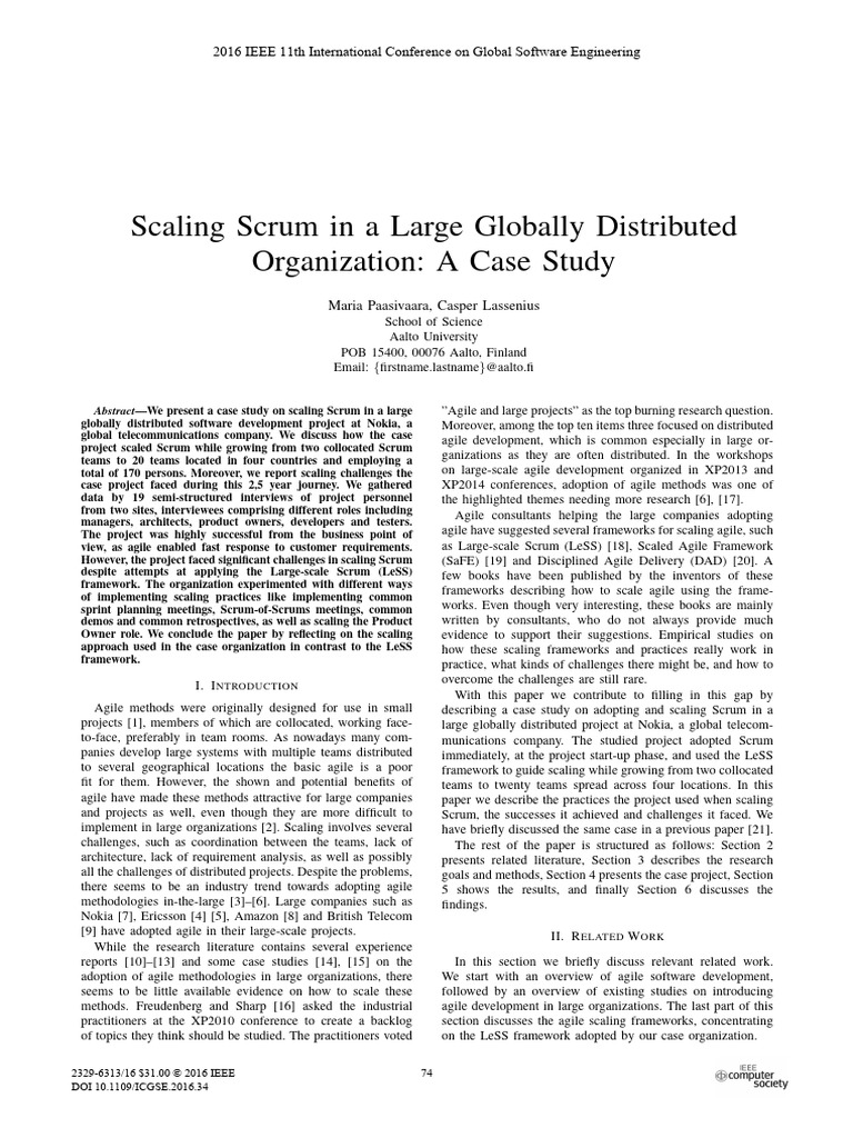 Scaling Scrum in A Large Globally Distributed Organization A Case Study ...