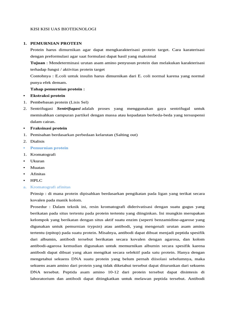 Kisi-Kisi UAS Bioteknologi: Pemurnian Protein | PDF