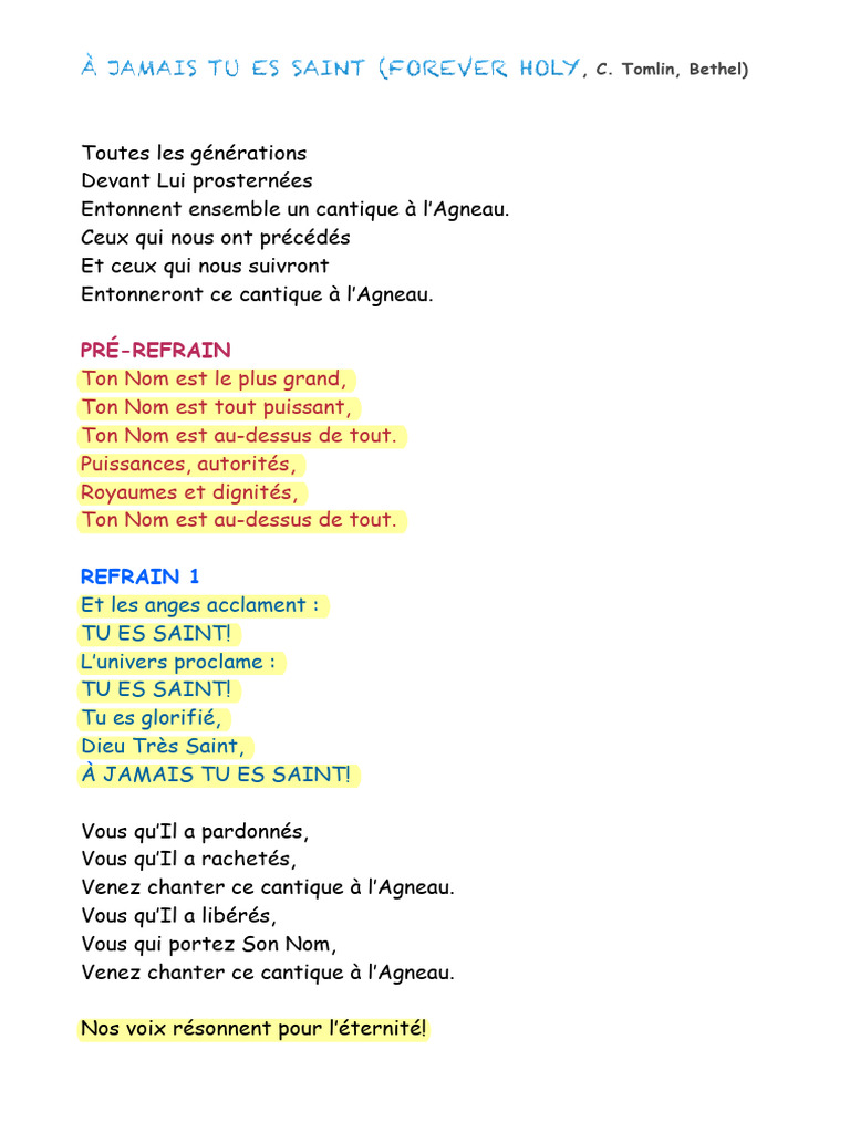 À Jamais Tu Es Saint - Paroles et Accords | PDF