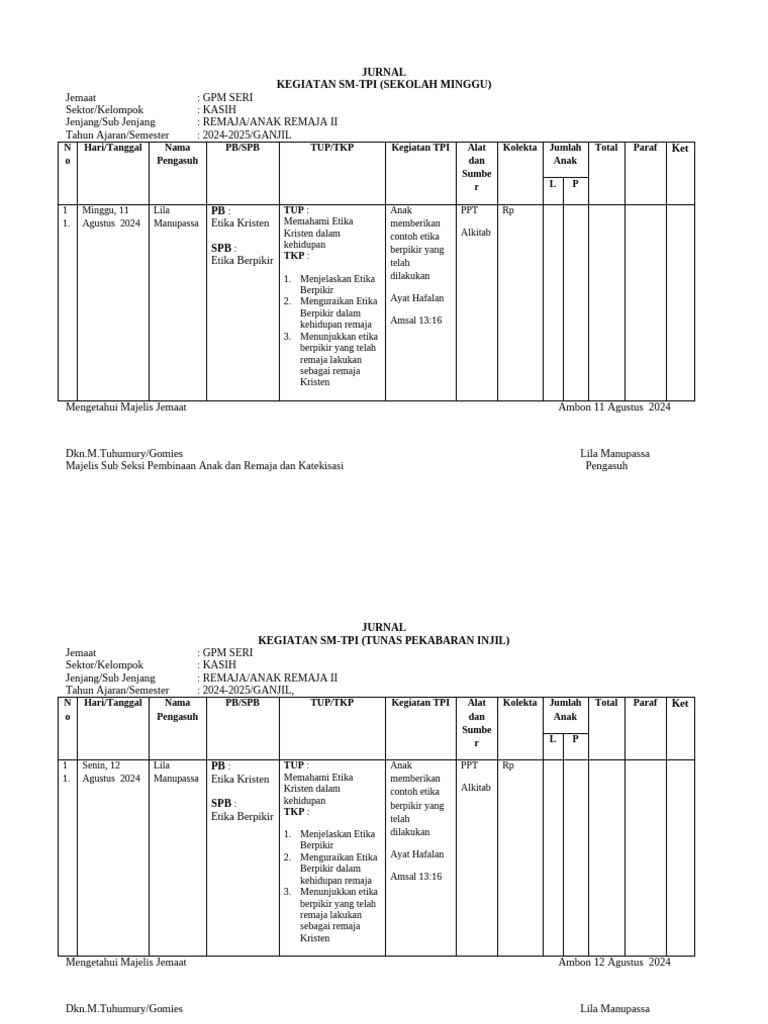 Jurnal Kegiatan Sekolah Minggu Remaja | PDF