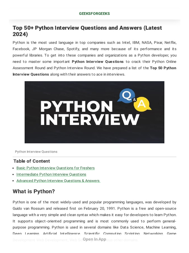 Top 50+ Python Interview Questions and Answers (Latest 2024) | PDF ...