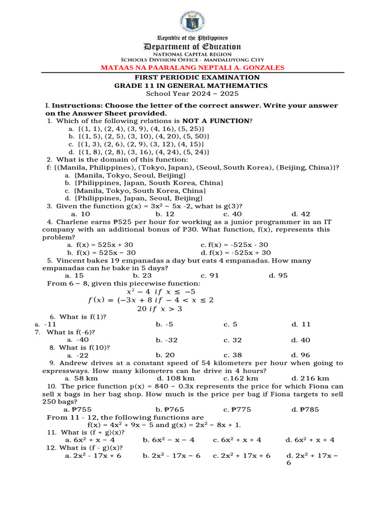 Grade 11 General Math Exam 2025 | PDF | Asymptote | Function (Mathematics)