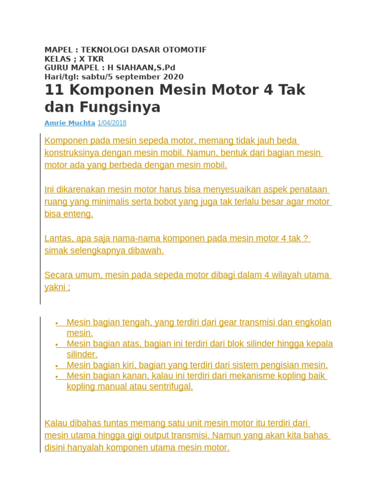 Komponen Mesin Motor 4 Tak dan Fungsinya | PDF