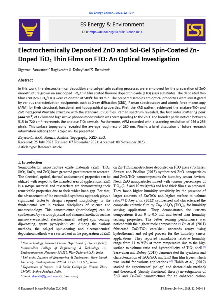 ES Energy Environ., Vol. 22, 2023 - Compressed | PDF | Zinc Oxide ...