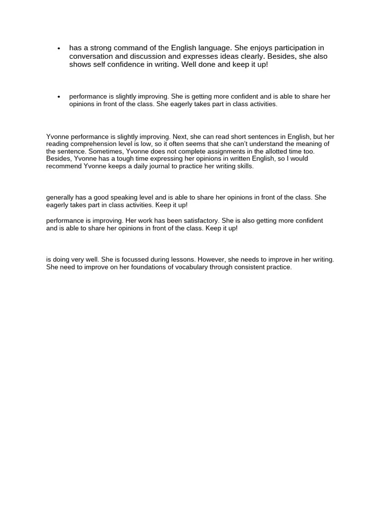 Student English Performance Review | PDF
