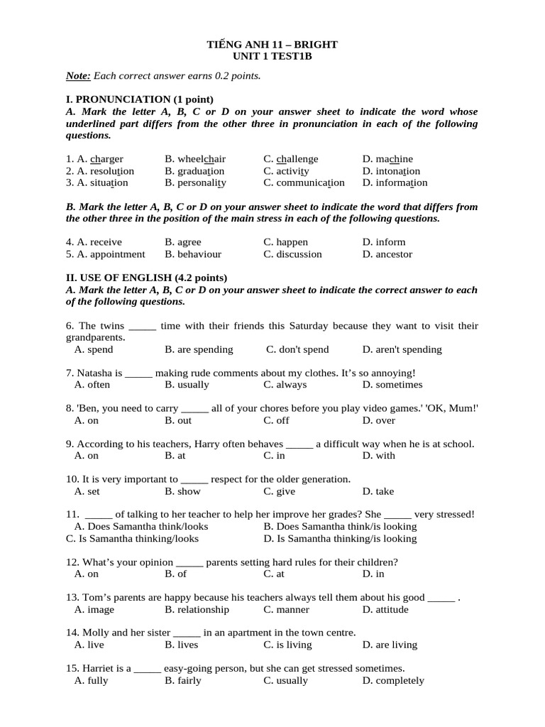 Bright 11 Test 1B (18-1-2023) | PDF | Adolescence | Body Image