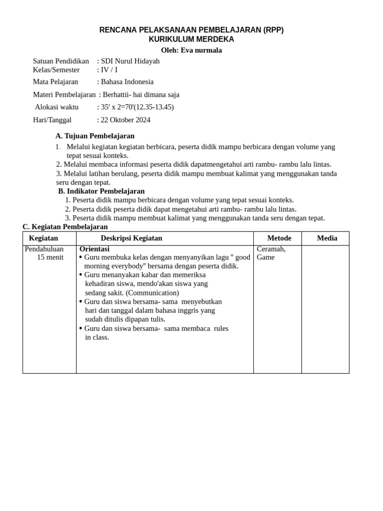Contoh RPP Koding Bahasa Indonesia | PDF