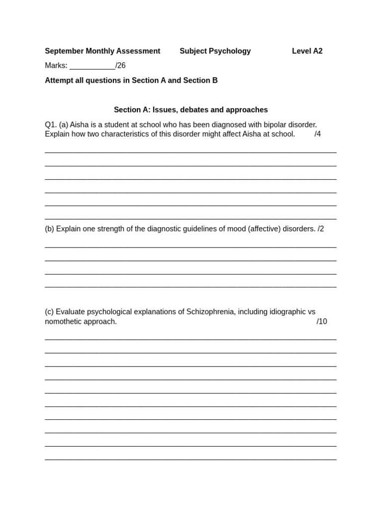 Psychology Monthly Assessment A2 | PDF | Mental Health | Abnormal Psychology