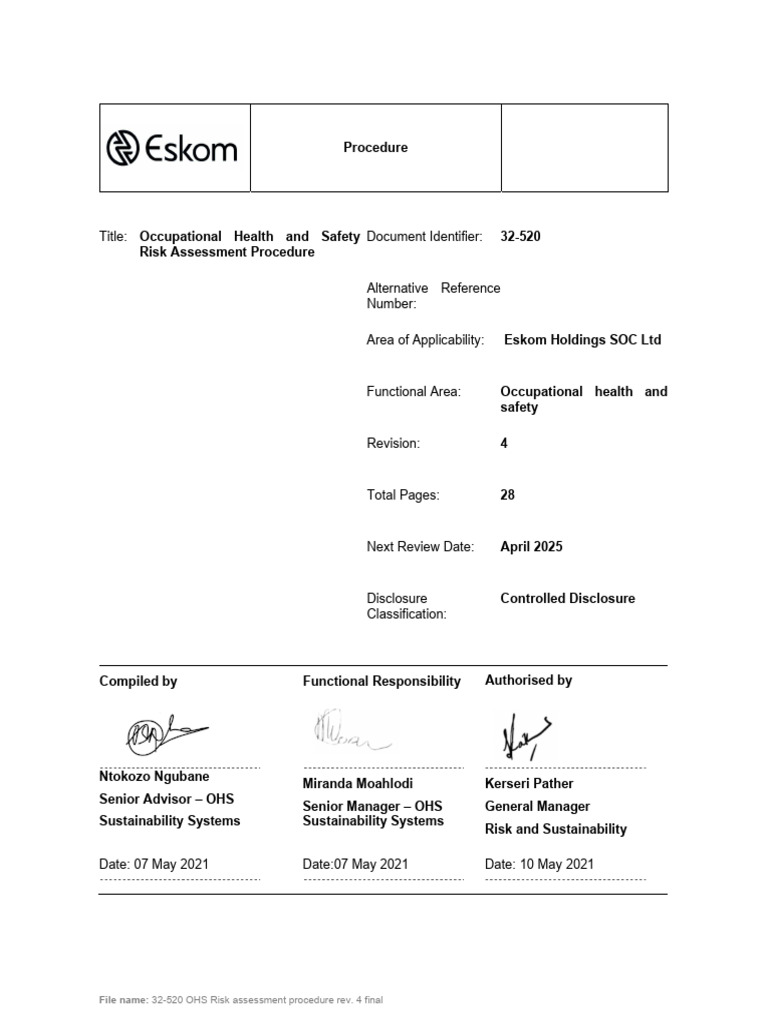 Occupational Health and Safety Risk Assessment Procedure 32-520 | PDF ...