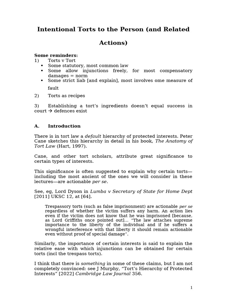 Intentional Torts To Person | PDF | Arrest | Tort
