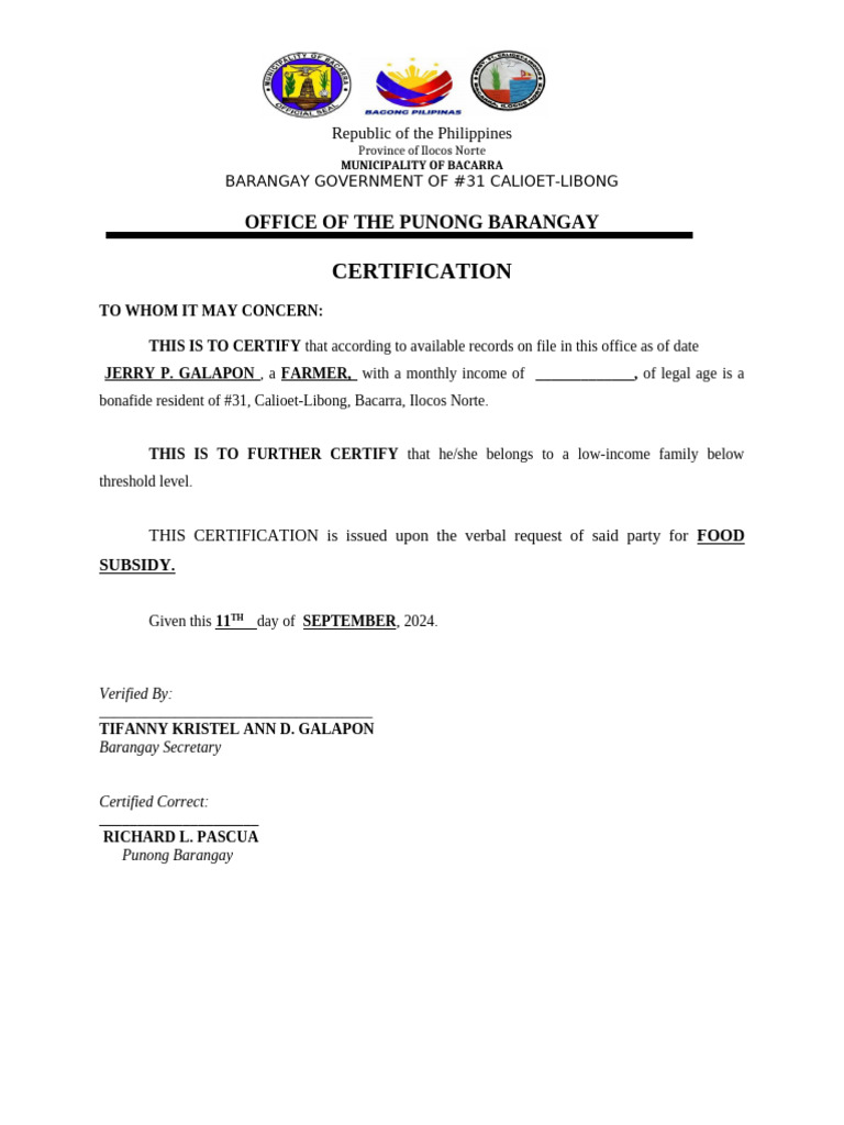 Bacarra Low-Income Food Subsidy Certification | PDF