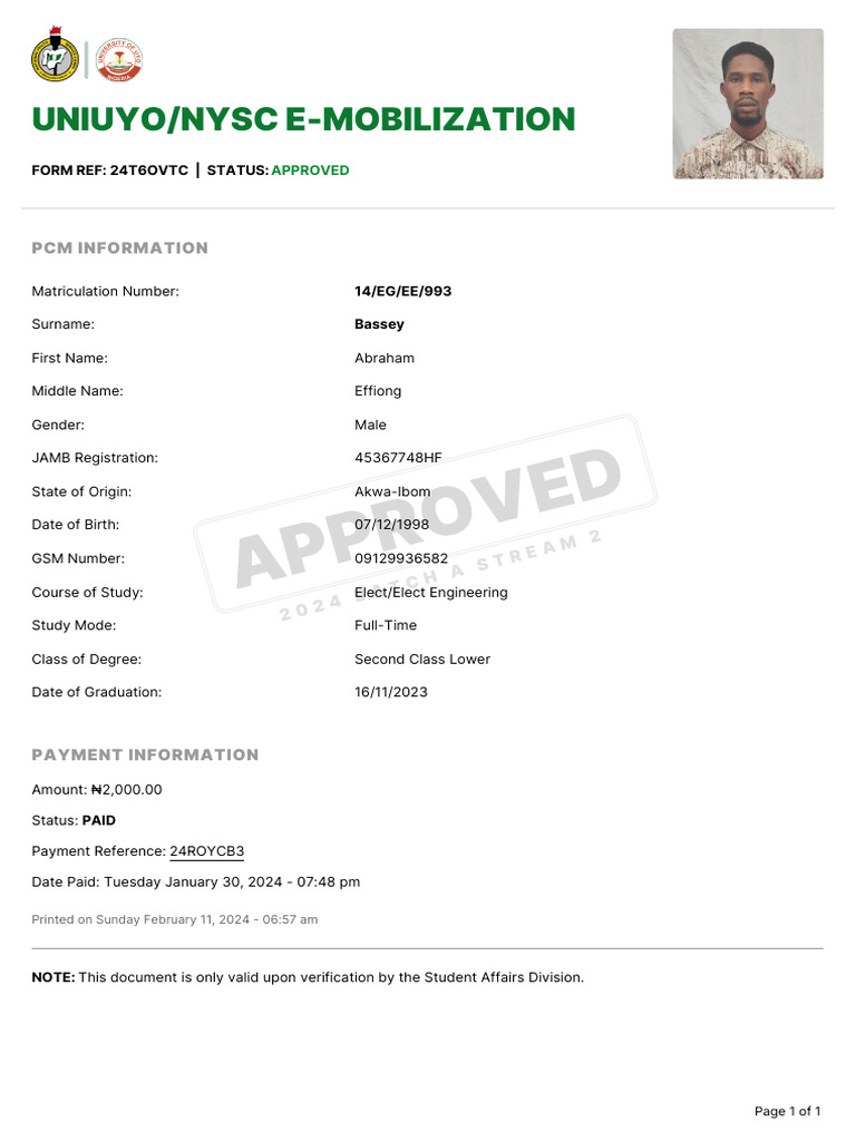 UNIUYO NYSC E-Mobilization Approval | PDF
