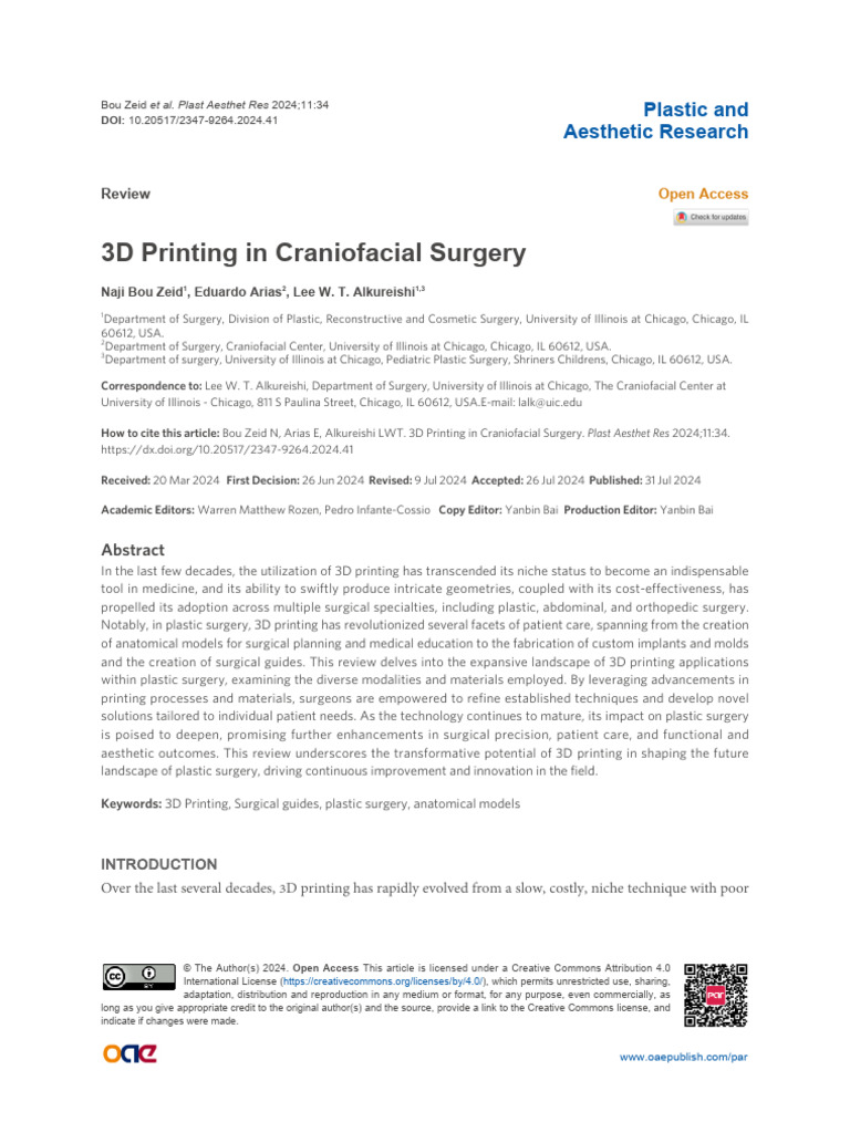 3D Printing in Plastic Surgery | PDF | 3 D Printing | Dental Implant