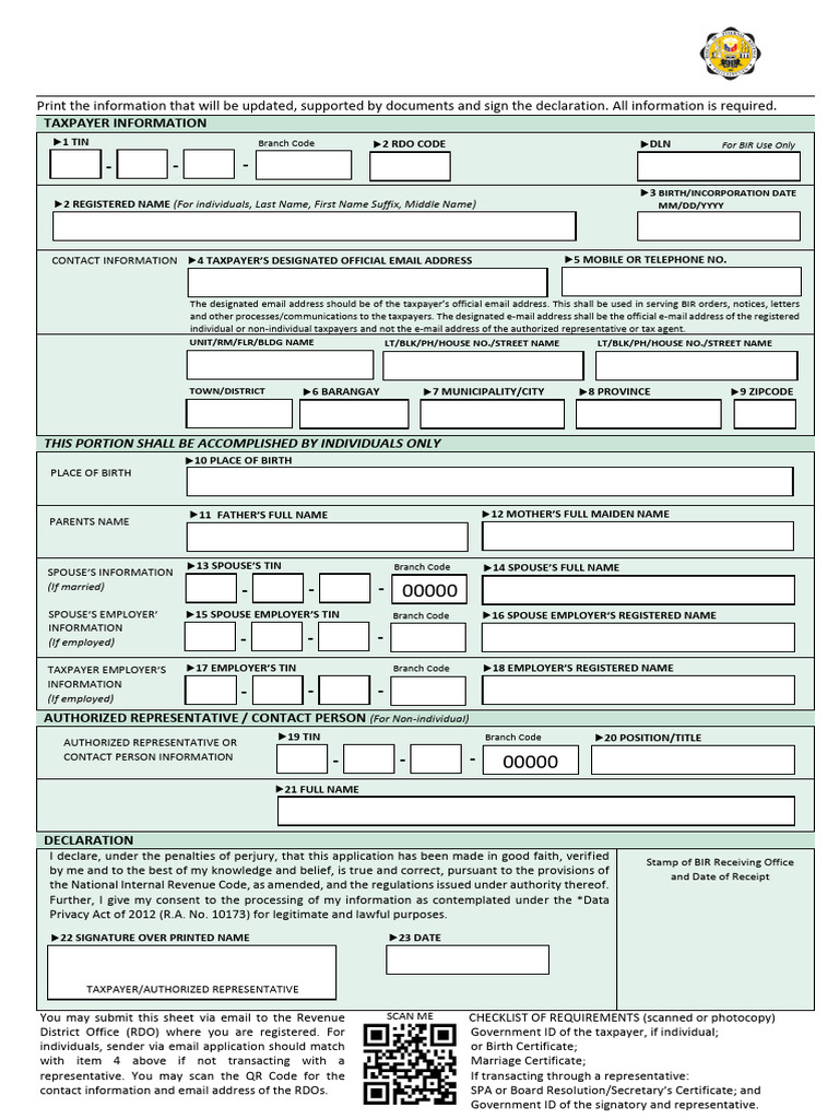 S1905 BIR Registration Update Form | PDF | Government Finances | Taxes