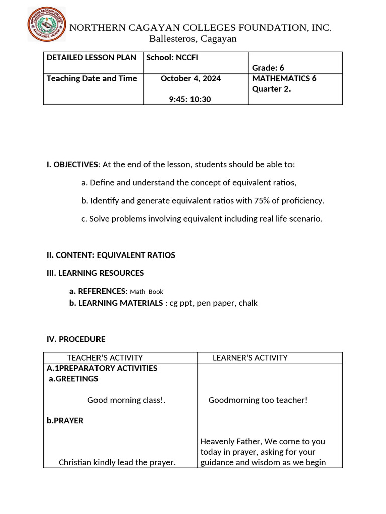 Grade 6 Lesson Plan on Equivalent Ratios | PDF | Ratio | Teachers