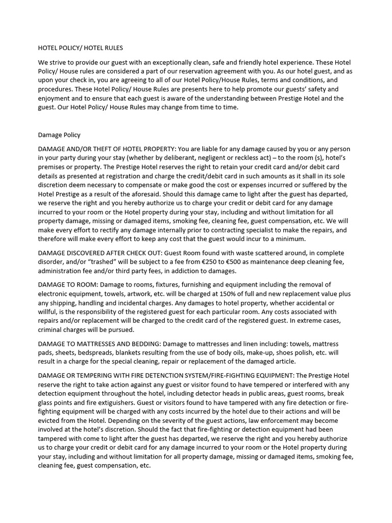 Prestige Hotel Policies and Rules | PDF | Credit Card | Barbecue Grill