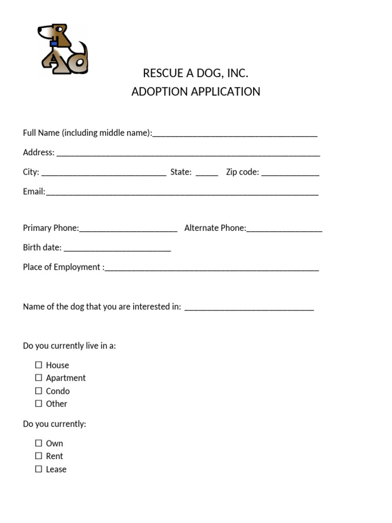 Adoption Application New | PDF | Dogs | Pet