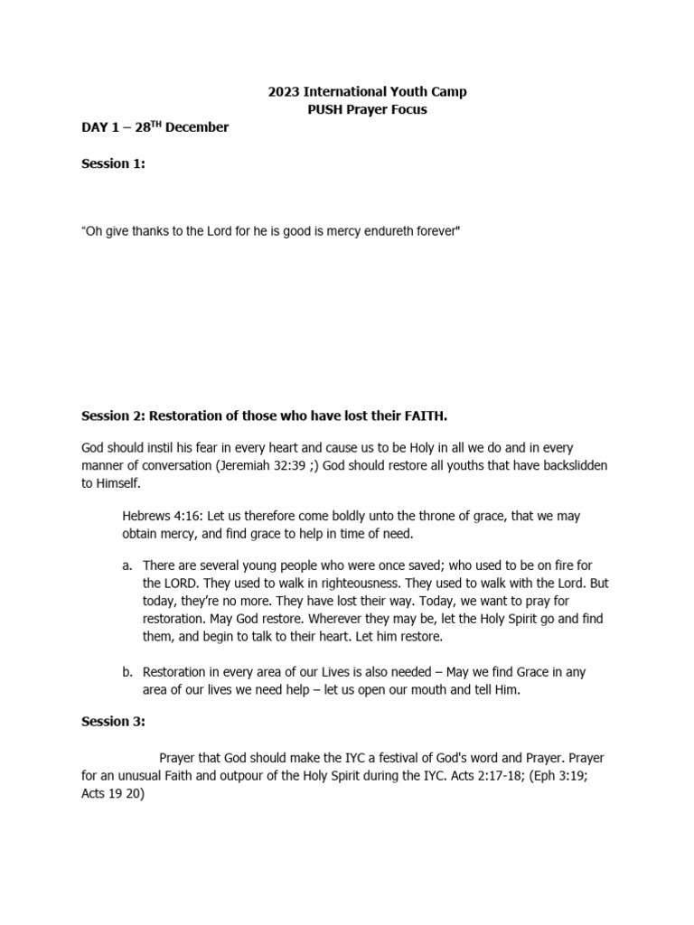 Youth Camp Prayer and Revival Focus | PDF | Faith | Prayer