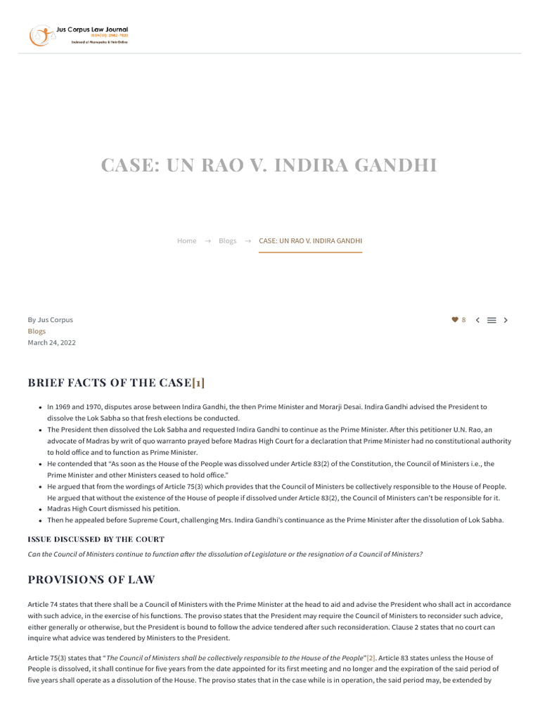 UN Rao vs Indira Gandhi Case Summary | PDF | Presidents Of The United ...