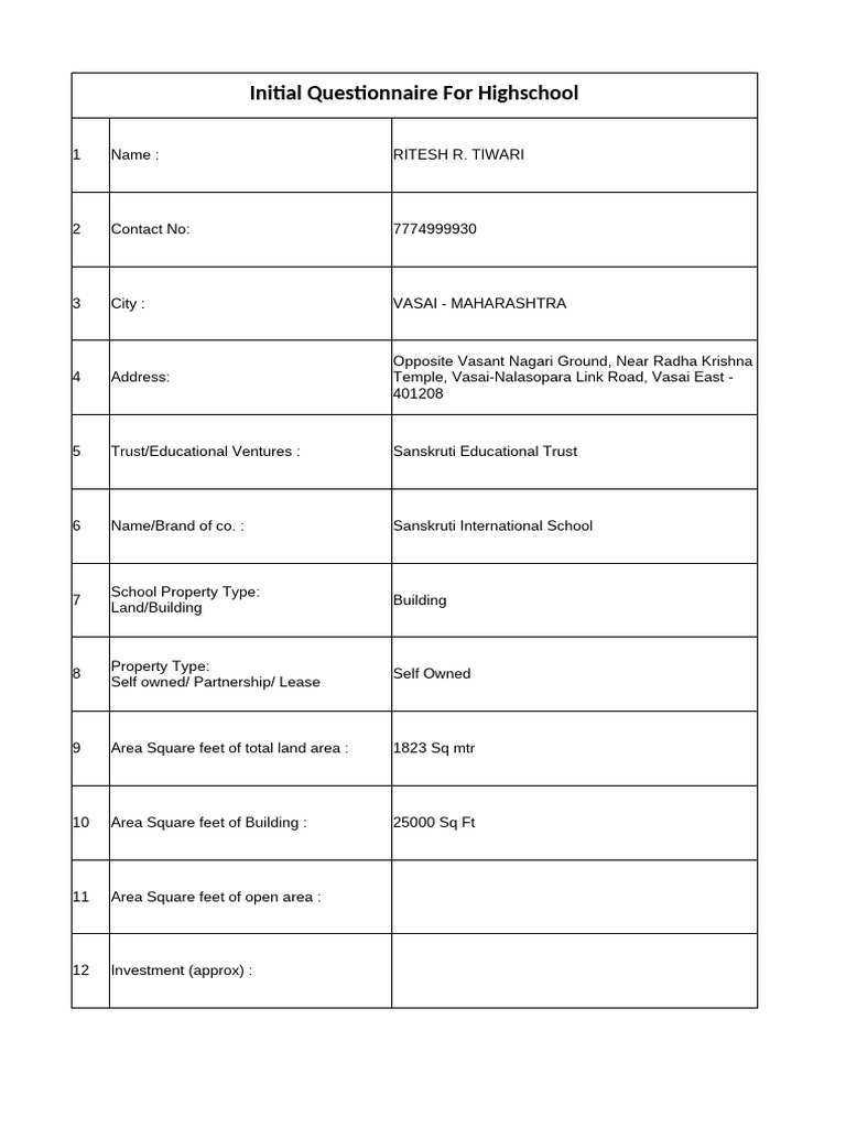 Initial Questionnaire For Highschool | PDF