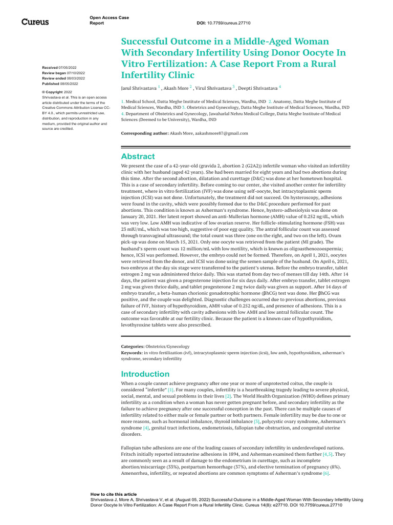 Cureus 0014 00000027710 | PDF | Infertility | In Vitro Fertilisation