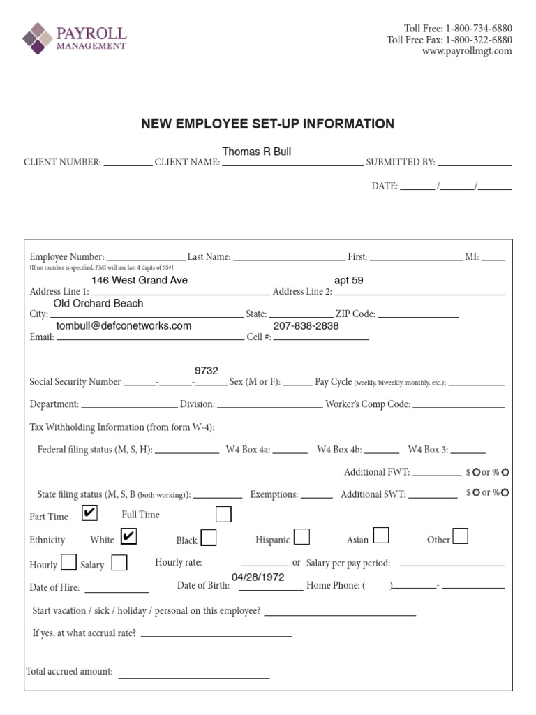 Tom Bull New-Employee-Setup-Form-Fillable | PDF | Employee Relations ...