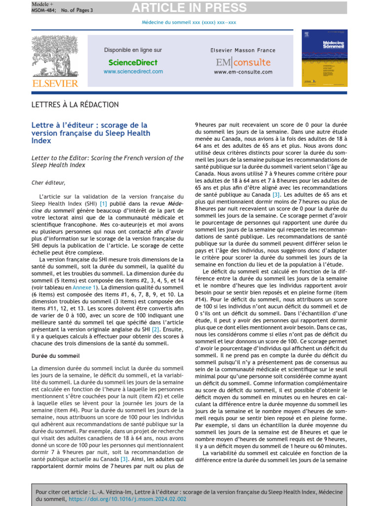 Scorage du Sleep Health Index en français | PDF | Sommeil | Troubles du ...