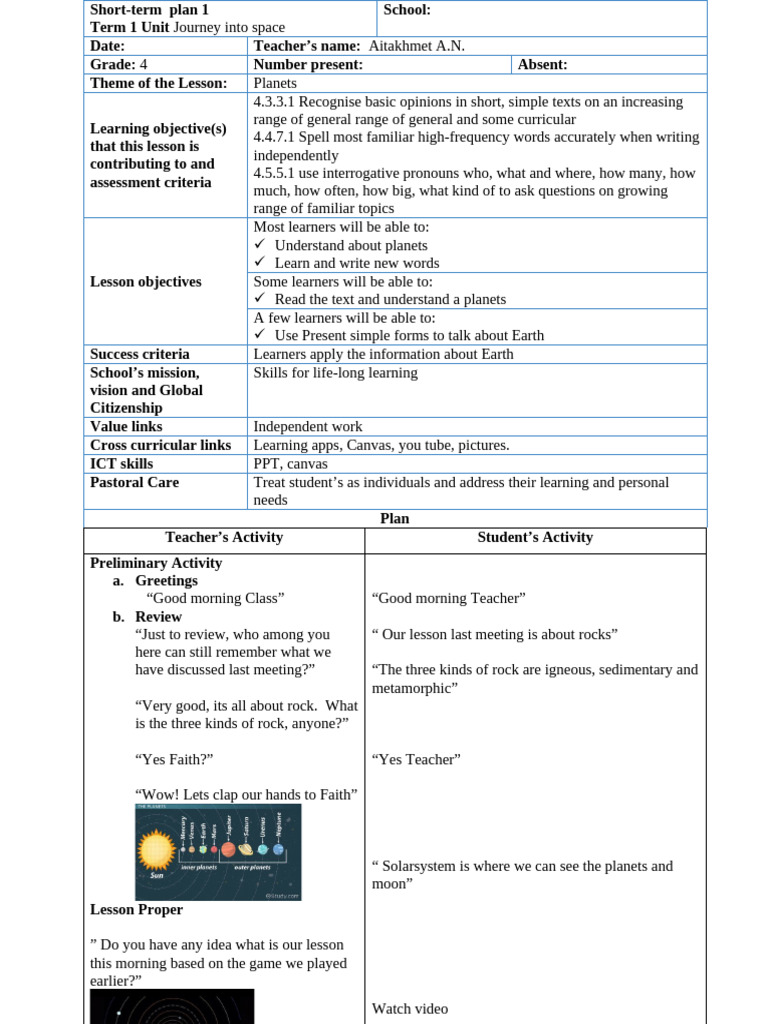 Grade 4 Lesson Plan: Exploring Planets | PDF | Educational Assessment ...