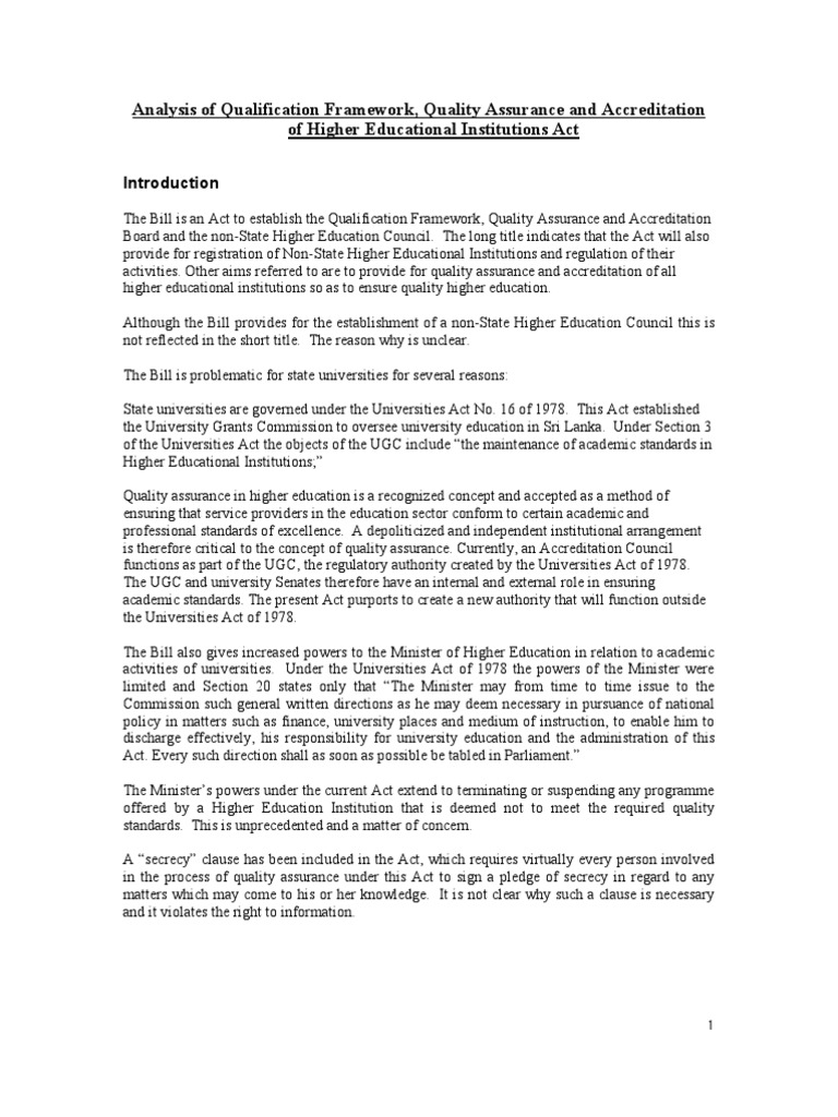 Higher Education Quality Assurance Act Analysis | PDF | Higher ...