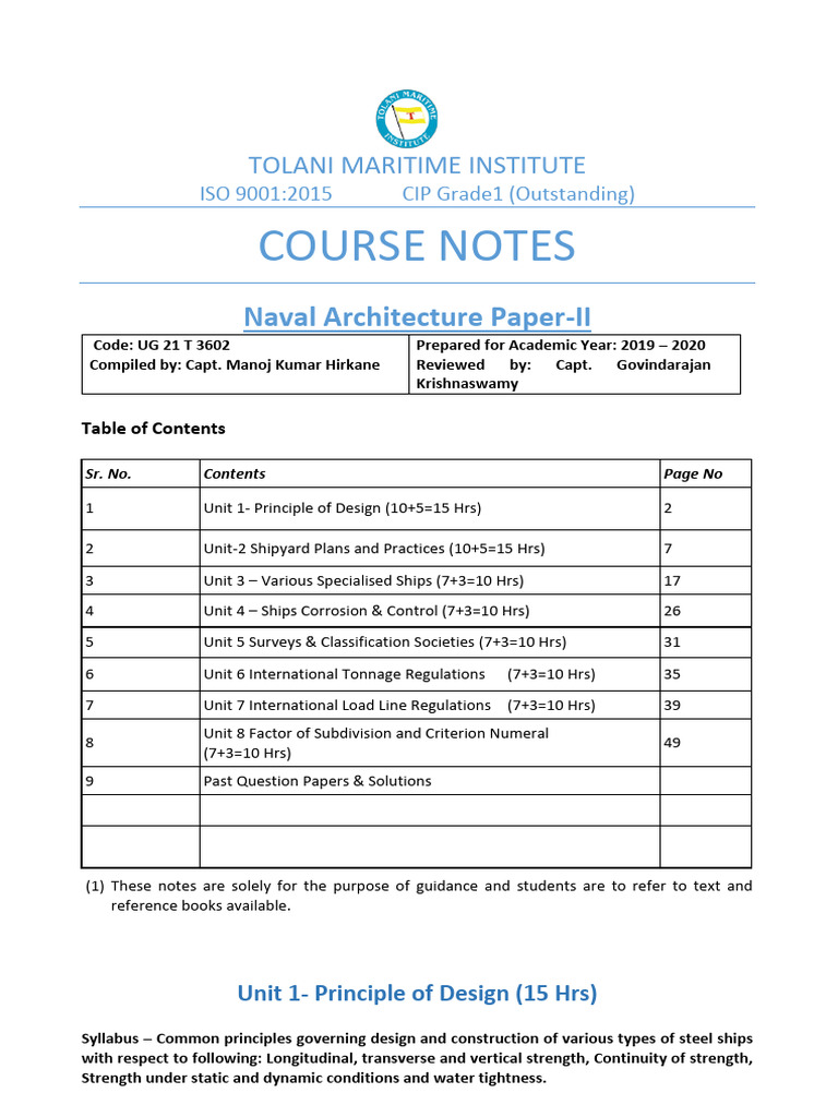 Naval Architecture Course Notes | PDF | Ships | Shipping