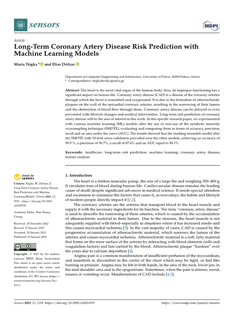 Sensors: Long-Term Coronary Artery Disease Risk Prediction With Machine ...