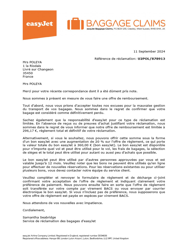Remboursement pour bagage perdu EasyJet | PDF