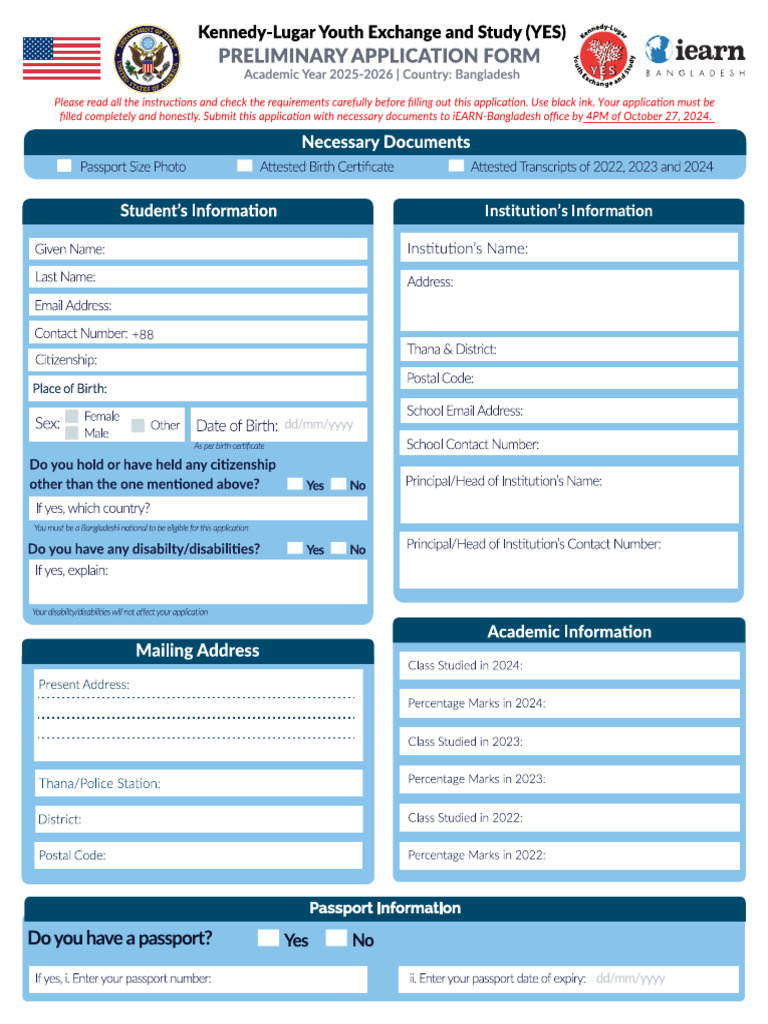 YES Preliminary Application Form 2025-2026 For Print | PDF