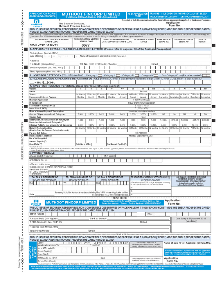 Muthoot Fincorp NCD Application Form | PDF | Interest | Money