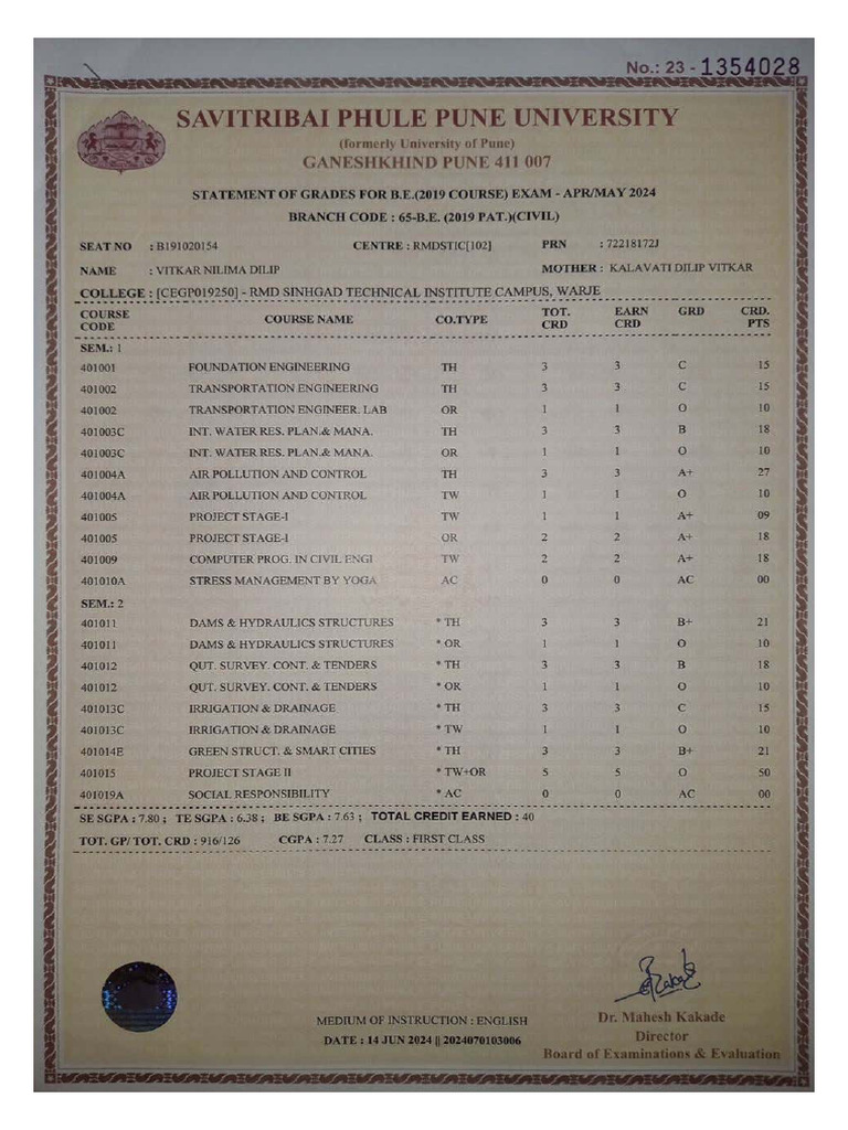 BE Marksheet | PDF