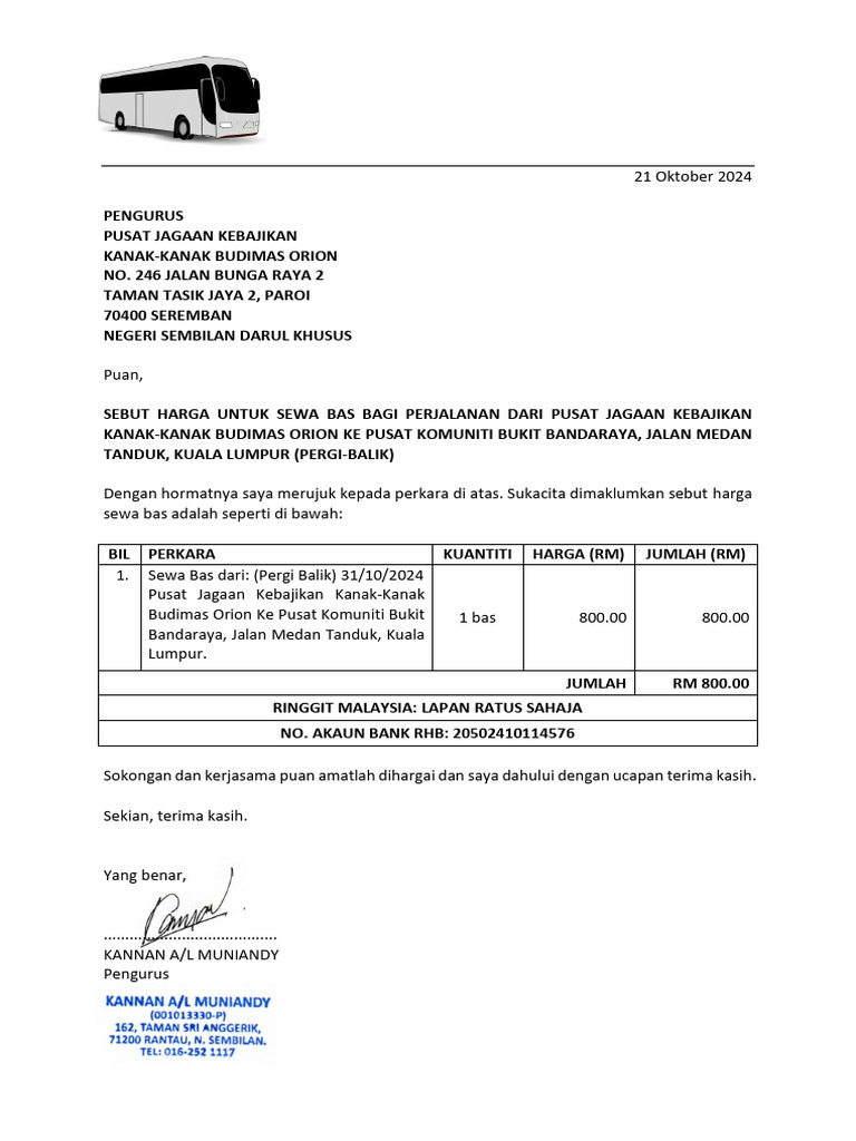 Sebut Harga Sewa Bas Budimas Orion | PDF