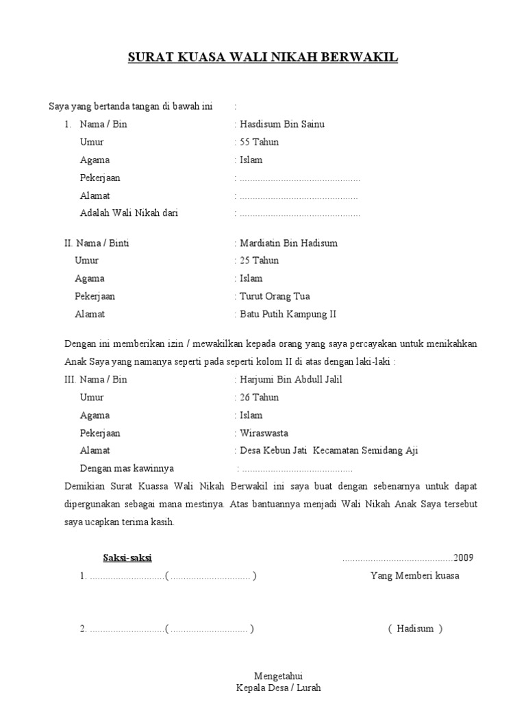 Contoh Surat Kuasa Perwakilan Wali Nikah Nusagates