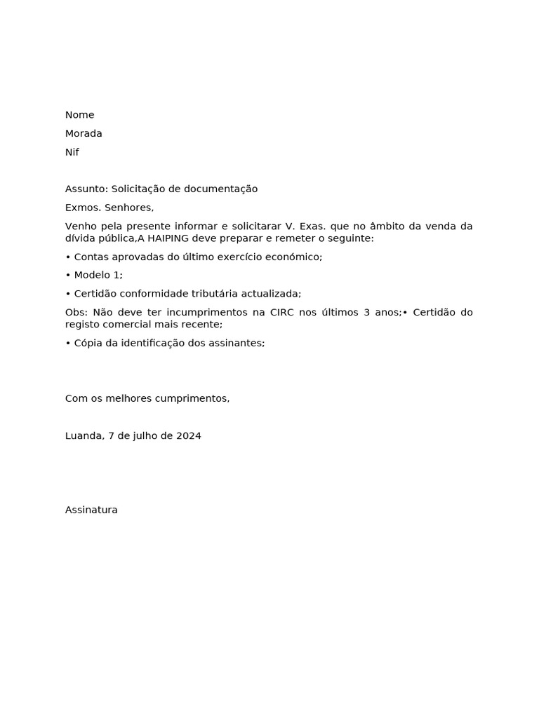 Solicitação de Documentação Financeira | PDF