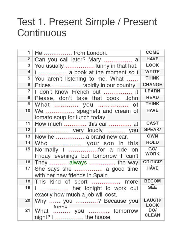 Present Simple Vs Continuous Test Pdf