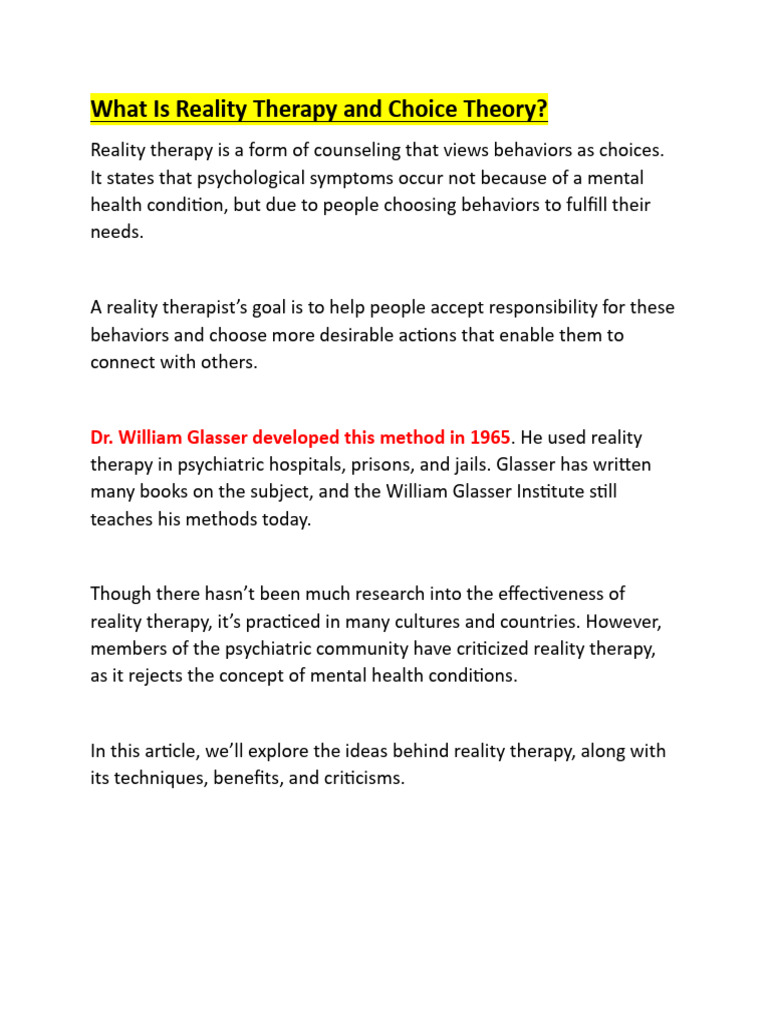 Reality Therapy And Choice Theory Pdf Psychotherapy Psychological