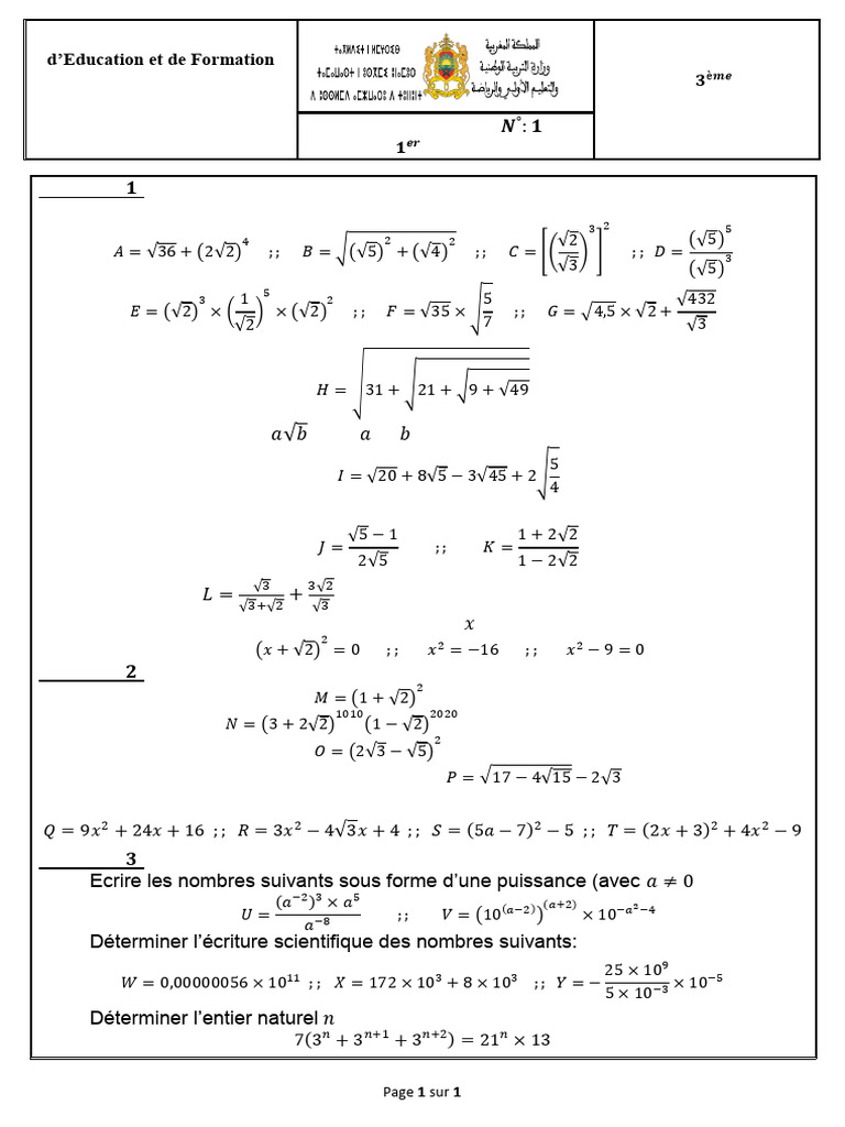 Devoir de maths 3ème Semestre 1 PDF Notation (mathématiques — free download