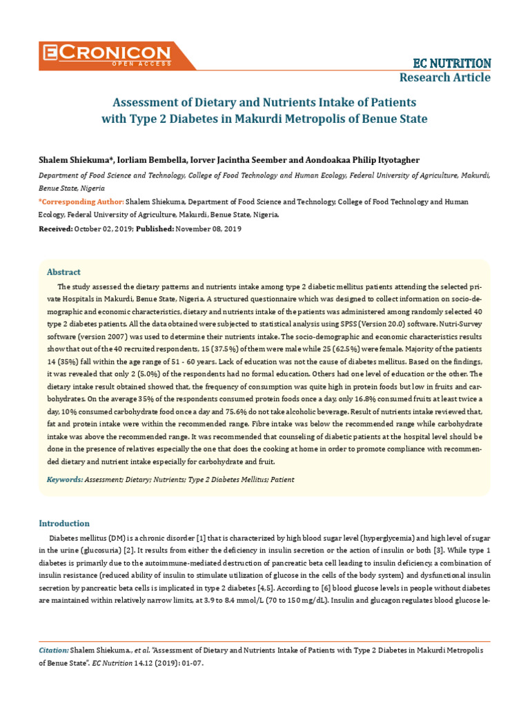 Assessment of Dietary and Nutrients Intake of Patients With Type 2 ...