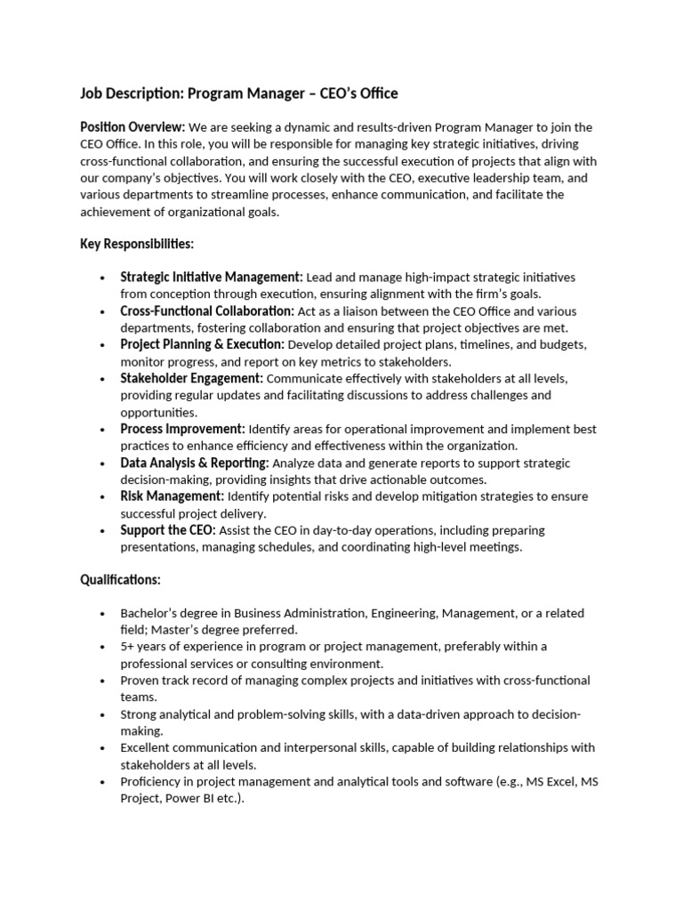 Program Manager Role in CEO Office | PDF | Project Management ...