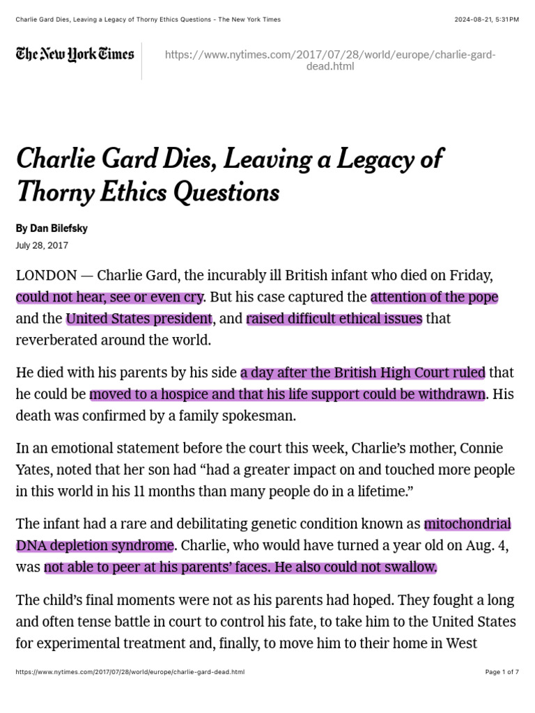 Charlie Gard Dies, Leaving a Legacy of Thorny Ethics Questions The