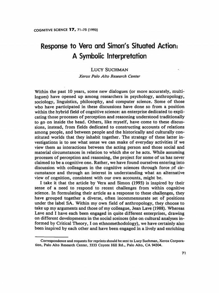9b - Suchman 1993 Response To Vera and Simon Situated Actions | PDF ...