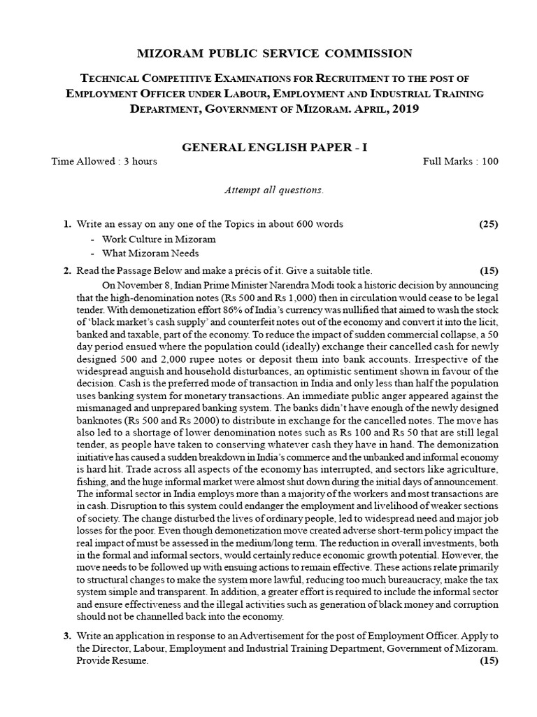 Mizoram Employment Officer Exam Paper | PDF | Legal Tender | Cash