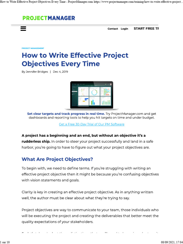 How To Write Effective Project Objectives Every Time - ProjectManager | PDF