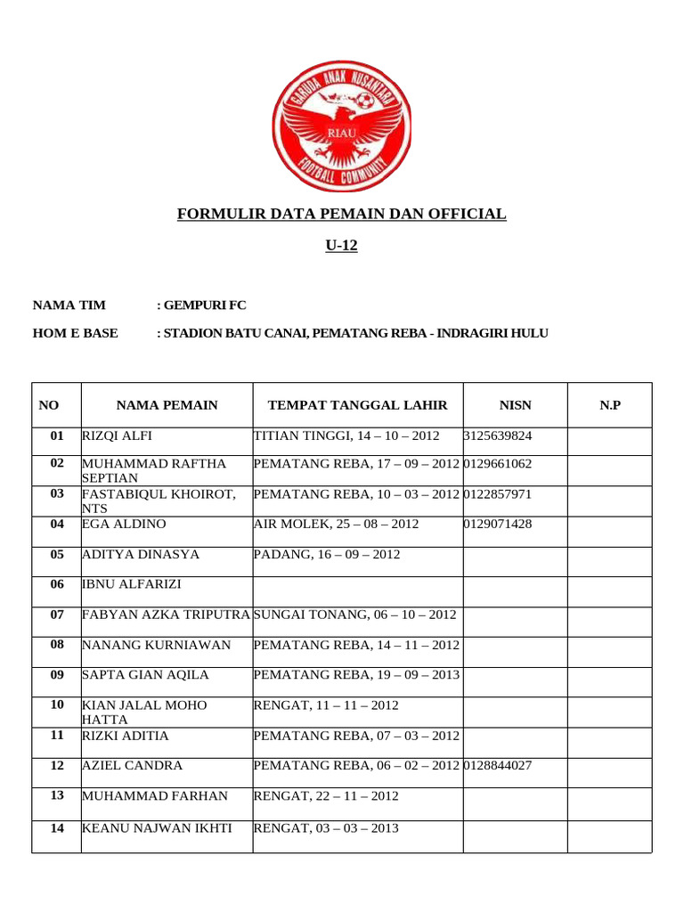 Formulir Pemain Gempuri FC U-12 | PDF