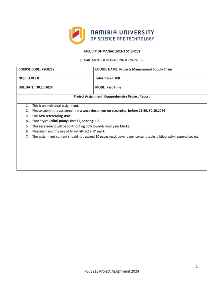 PSC821S Project Management Assignment 2024 | PDF | Business