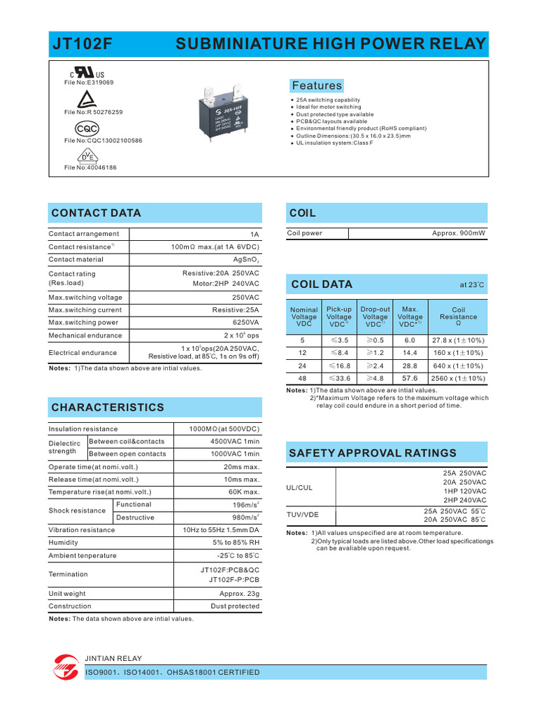 JT102F High Power Relay Specifications | PDF | Relay | Printed Circuit ...